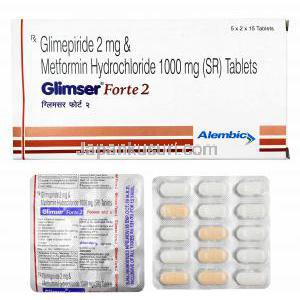 グリムザーフォルテ (グリメピリド/ メトホルミン) 2mg 箱、錠剤