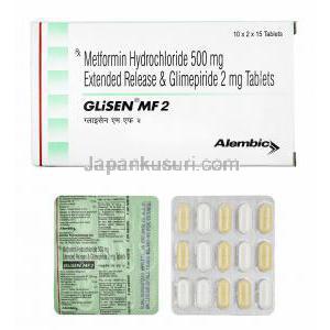 グリセン MF (グリメピリド/ メトホルミン) 2mg 箱、錠剤