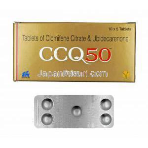 CCQ (クロミフェン/ コエンザイムQ10) 50mg 箱、錠剤
