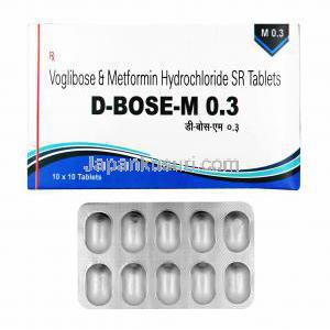 ディーボース M (メトホルミン/ ボグリボース) 0.3mg 箱、錠剤