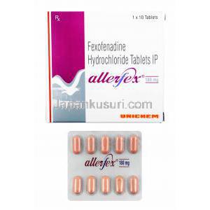 アレルフェックス (フェキソフェナジン) 180mg 箱、錠剤