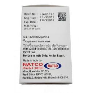 タフナット,  テノホビル 25 mg, 30 錠, 製造元：Natco Pharma, 箱情報, 製造日, 消費期限