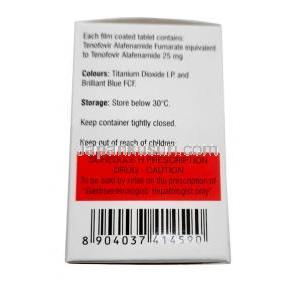 タフナット,  テノホビル 25 mg, 30 錠, 製造元：Natco Pharma, 箱情報, 保管方法, 注意事項