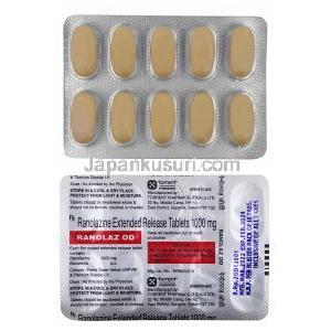 ラノラズ OD, ラノラジン 1000 mg, 製造元：Torrent Pharma, シート表面、シート裏面