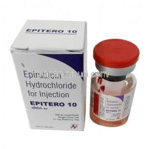 エピテロ注射, エピルビシン 10mg, バイアル, 製造元：Hetero Drugs,箱,バイアル