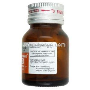アンチ サイロックス,カルビマゾール 20 mg, 製造元：Macleods Pharmaceuticals, ボトル裏面