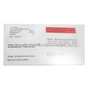 メフキンドフォルテ,メフェナム酸 500mg/ アセトアミノフェン 325mg, 製造元:Mankind Pharma Ltd, 箱情報 注意事項
