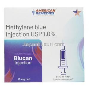 ブルーカン注射, メチレンブルー 1.0%,  アンプル 10mL X 5, 製造元：American  Remedies, 箱表面