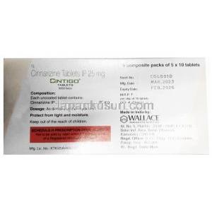 シンティゴ,シンナリジン 25 mg, 製造元：Wallace Pharmaceuticals, 箱情報