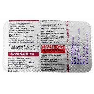 ボクシゲイン-20, ボルチオキセチン 20mg, 100錠, 製造元：Torrent Pharmaceuticals Ltd, シート情報
