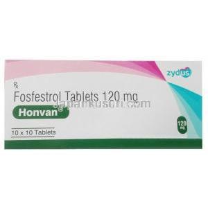 ホンバン, ホスフェストロール 120 mg, 10枚 X 10錠, 製造元：Zydus Cadila, 箱表面（新包装）