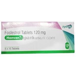 ホンバン, ホスフェストロール 120 mg, 5枚 X 10錠, 製造元：Zydus Cadila, 箱表面（新包装）
