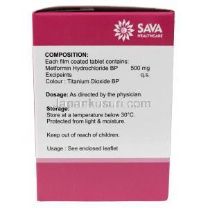 Sava社製メトホルミン, メトホルミン 500 mg, 製造元：SAVA Healthcare Limited, 箱情報, 成分, 保管方法