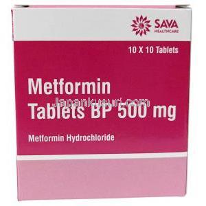 Sava社製メトホルミン, メトホルミン 500 mg, 製造元：SAVA Healthcare Limited, 箱側面