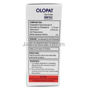 オロパット 点眼薬(保存料なし), オロパタジン 0.1% wv, 点眼薬 5mL, 製造元：Ajanta Pharma, 箱情報, 成分