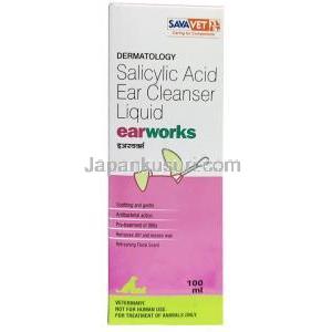 イヤーワークス ペット用耳洗浄液, サリチル酸, ペット用耳洗浄液100 mL,製造元：SAVA Healthcare Limited, 箱表面