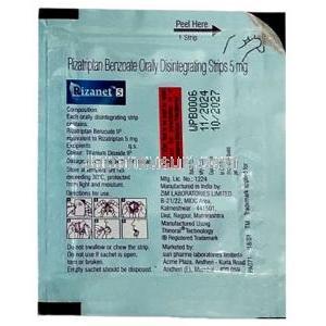 リザネット 口腔内崩壊ストリップ, リザトリプタン 5 mg, 製造元：Sun Pharmaceutical Industries, 口腔内崩壊ストリップ包装