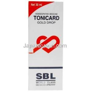 トニカード ゴールドドロップ, ホメオパシー製剤, 経口ドロップ 30 mL, 製造元：SBL Pvt., Ltd., 箱表面