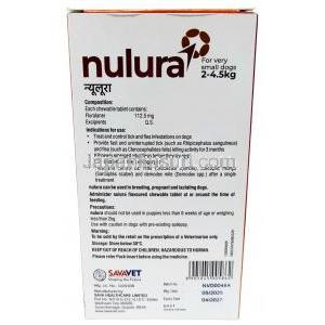 ヌルラ, 112.5 mg 超小型犬用 (4.5-10kg) 1 チュアブル錠,製造元:SAVA Healthcare Limited, 箱裏面情報