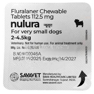 ヌルラ, 112.5 mg 超小型犬用 (4.5-10kg) 1 チュアブル錠,製造元:SAVA Healthcare Limited, シート情報