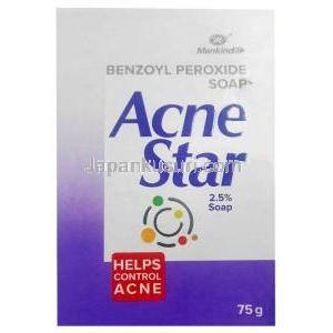 アクネスター固形石鹸(新包装), 過酸化ベンゾイル 2.5%, 固形石鹸 75g, 製造元： Mankind Pharma, 箱表面