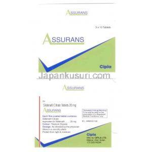 アシュアランス, シルデナフィル 20mg, 錠剤, 製造元：Cipla,箱表面, 箱裏面