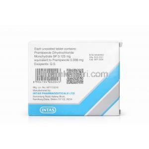 プラミロール-0.125, プラミペキソール 0.125 mg, 製造元：Intas Pharma,箱情報