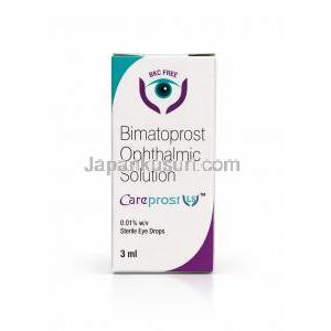 ケアプロスト, LS(無添加), ビマトプロスト  0.01% (0.1mg/mL),点眼薬 3mL, 製造元：Sun pharma, 箱表面