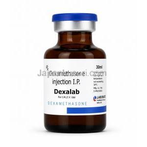 デキサラボ注射, デキサメタゾン 4mg, バイアル 30 mL, 製造元：Laborate Pharmaceuticals, ボトル表面