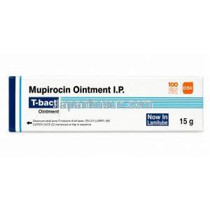 T-BACT軟膏、ムピロシン2％,軟膏15 g, 製造元：GSK, 箱表面