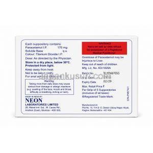 ネオモル-170 坐薬, アセトアミノフェン 170 mg, 製造元: Neon Laboratories, 箱裏側