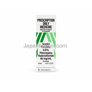 イソプトカルピン点眼薬, ピロカルピン 4%, 点眼薬15mL, 製造元：Novartis, 箱表面