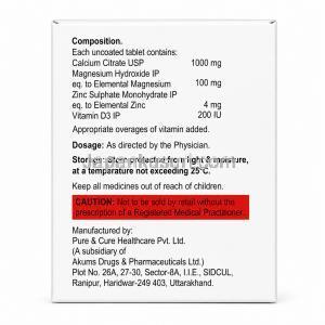 セトジョイントプラス, クエン酸カルシウム 1000mg/ ビタミンD3 200IU/ 水酸化マグネシウム 100mg/ 亜鉛 4mg, 15 錠, 製造元：Leeford healthcare, 箱情報, 成分