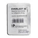 エバーラスト30 Everlast-30, プリリジー ジェネリック, ダポキセチン, 30mg, 錠 包装裏面