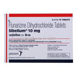 ジェネリックシベリウム, フルナリジン 10 mg 製造元：Janssen,箱表面,使用量,注意事項,保存方法