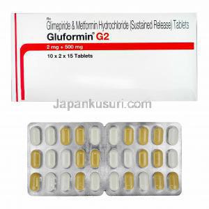 グルフォルミン G (グリメピリド 2mg/ メトホルミン 500mg) 箱、錠剤