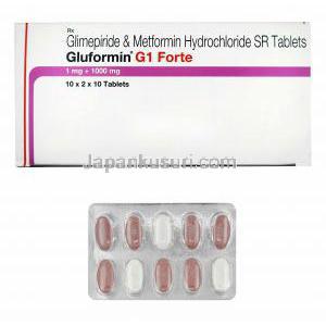 グルフォルミン G (グリメピリド 1mg/ メトホルミン 1000mg) 箱、錠剤