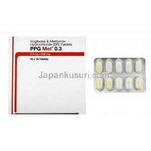 PPG メット (メトホルミン/ ボグリボース) 0.3mg 箱、錠剤