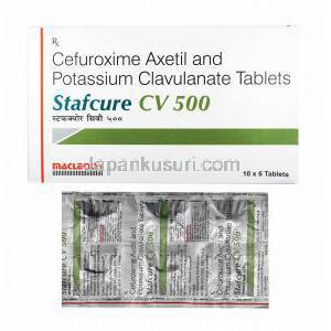 スタフキュア CV (セフロキシム/ クラブラン酸) 500mg 箱、錠剤