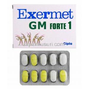 エグザメット GM (グリメピリド 1mg/ メトホルミン 1000mg) 箱、錠剤