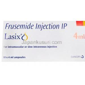ラシックス, フロセミド注射, 10本入り, 10mg/4ml, 製造元:サノフィ, 箱表面