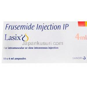 ラシックス, フロセミド注射, 10本入り, 10mg/4ml, 製造元：サノフィ, 箱表面