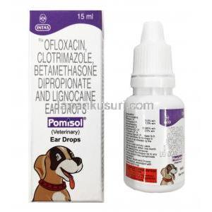 ポミゾール 点耳液 (オフロキサシン/ クロトリマゾール/ ベタメタゾン/ リグノカイン) 箱、ボトル