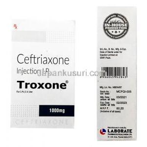 Troxone Injection, Ceftriaxone 1gm(1000mg), Laborate Pharmaceuticals India Ltd, Box back and side presentation