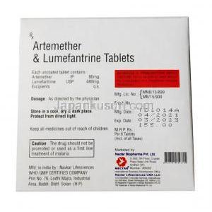 アーティマー エルエフ, アルテメテル 80mg/ ルメファントリン 480mg 錠剤, 製造元：Mectar Biophama Pvt,Ltd, 箱情報