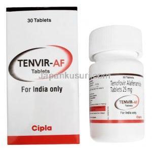 テンビル AF, テノホビル 25 mg, 製造元：Cipla, 箱, ボトル表面