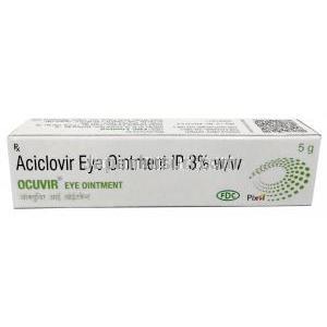 オクビル眼軟膏, アシクロビル3%, 眼軟膏5g, 製造元：FDC Ltd,箱表面