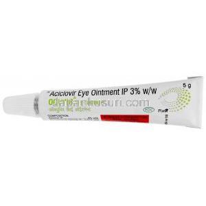 オクビル眼軟膏, アシクロビル3%, 眼軟膏5g, 製造元：FDC Ltd,チューブ表面