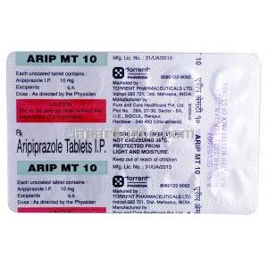 アリップ MT 10, アリピプラゾール10mg, 製造元：Torrent Pharma, シート情報
