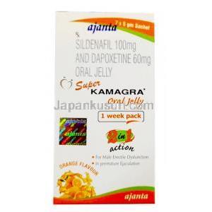 スーパーカマグラ オーラルゼリー, シルデナフィル 100 mg / ダポキセチン 60 mg, 製造元：Ajanta Pharma,箱表面
